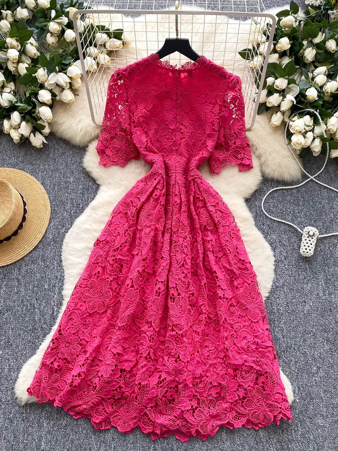 Ele Hollow out Lace ort Sve Dr Women's Summer Slimming A-Line Gown High Waist Korean Sle Commute Suitable