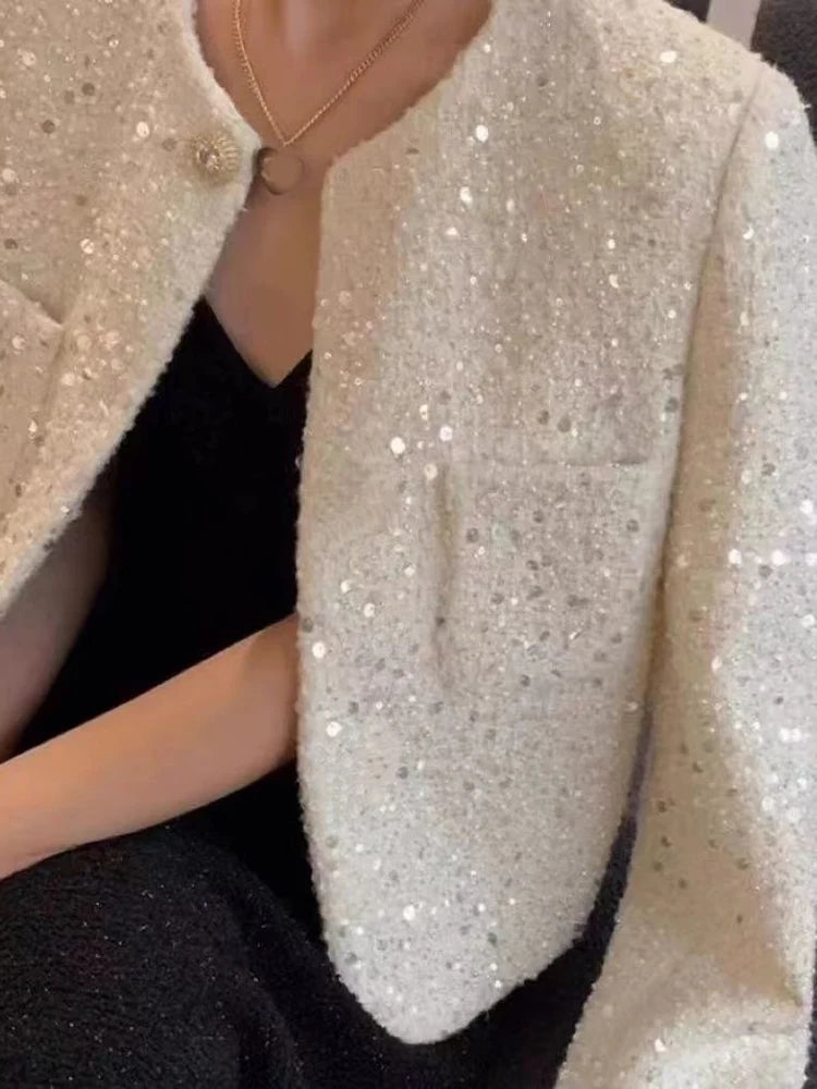 Chic Sequins Sweet Tweed Jacket Women Fall Elegant Long Sleeve Slim Coat Korean Fashion O Neck Design Female All Match New Tops