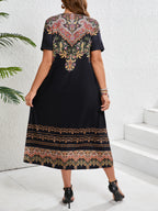 Ethnic Bohemian floral print casual vacation short-sleeved large-size dress