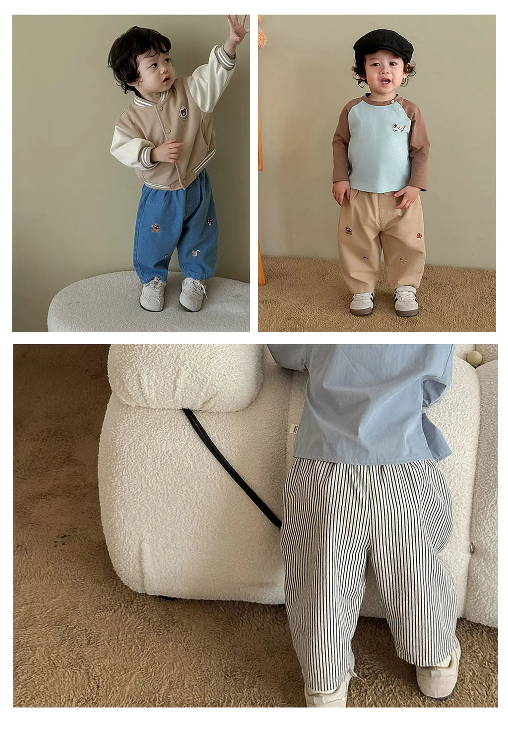 2025 Fall New Toddler Kids Pants Cotton Cartoon Embroidered Harem Pants Baby Boy Casual Striped Denim Baggy Trousers