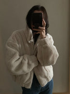 Women Autumn Winter Thicken Warm Coat Stand-Collar Loose Fur Plush Zipper Jacket Soft Comfortable Casual Simple Solid Outerwear