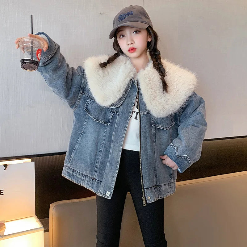 junior girl winter jackets vetement enfant fille Thickened inner rabbit fur denim jacket teenr outerwear kids warm coat overwear
