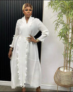 Women Eid Muslim Dress Ruffles Sleeve Dubai Abayas Solid Dresses Sashes Loose Casual Morocco Kaftan Islam Arab Ankle Length