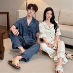 Women Men Pajamas Short Sleeved Shirt Trousers Ice Silk Sleepwear