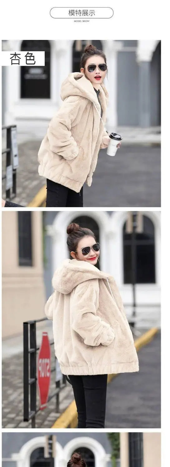 Plush hooded jacket for women mid-length winter new loose plush warm long sleeves plush Short jacket fashion casual coat