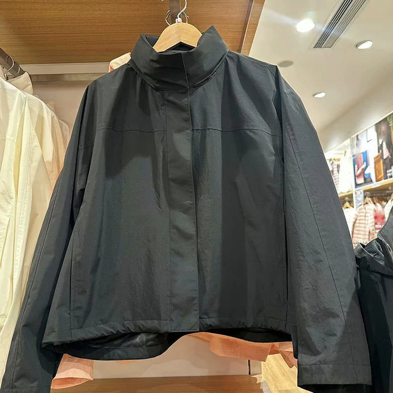 Windproof Stand Collar Jacket Women's Outdoor Casual Hooded Thin Coat Jacket