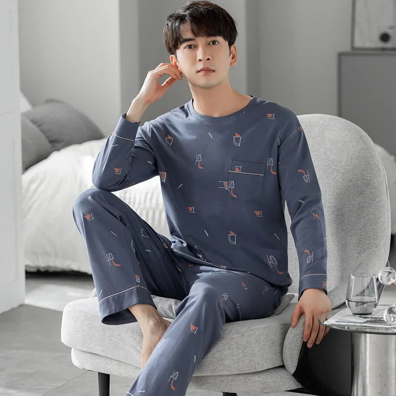 Fashion Lounge Pajamas Sets Men's Spring New Long-sleeved Tops with Trousers Cotton Homewear Comfort Simple Sleepwear Two Pieces