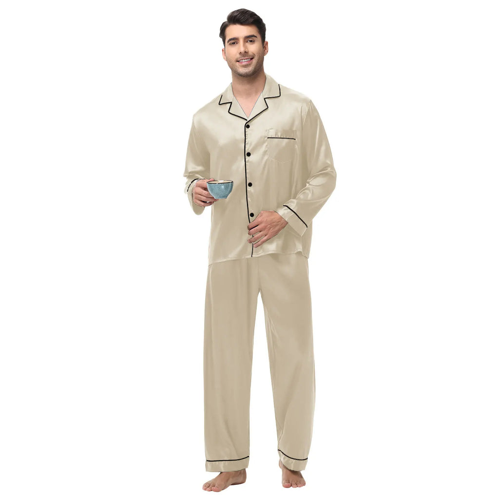 Men Pajamas Set Silk Satin Sleepwear