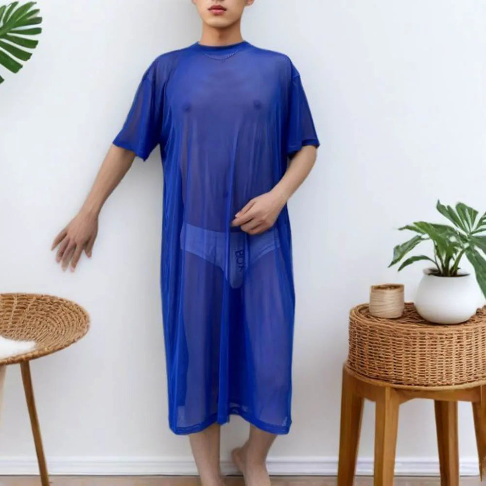 Men's Solid Color Mesh Transparent Short-Sleeved Robe Sexy Retro Fashion Trend Loose Casual Breathable Summer New Men's Tops