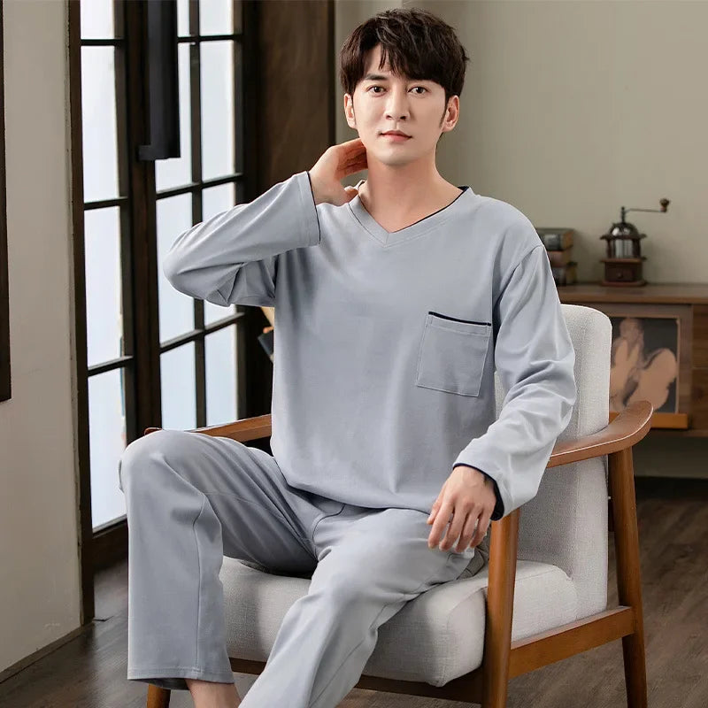 Fashion Lounge Pajamas Sets Men's Spring New Long-sleeved Tops with Trousers Cotton Homewear Comfort Simple Sleepwear Two Pieces