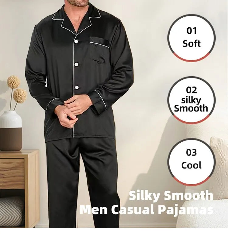 Men Ice Silk Pajamas Sleepwear Pajama Sets Nightclothes Black Blue L XXL 3XL 4XL Long Sleeves Long Pants Smooth Solid Color