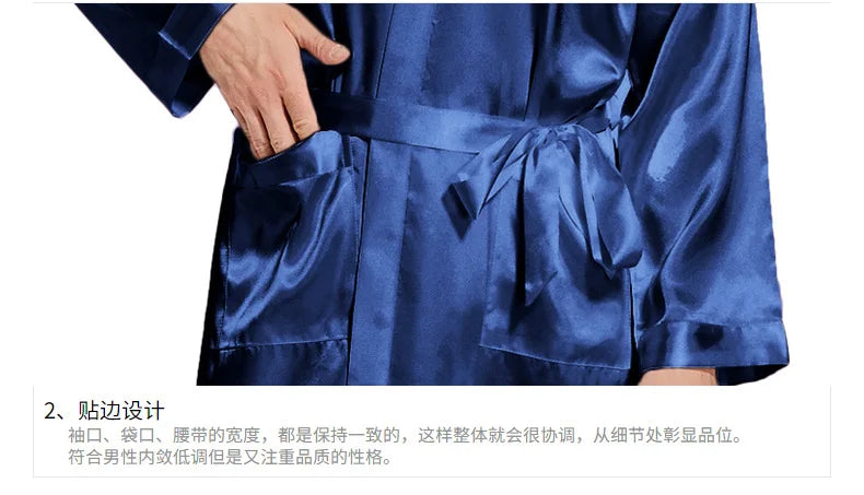 Men Long Bathrobe Sleepwear Navy Blue Silk Satin Bridegroom Wedding Robe Kimono Gown Spring Summer Home Clothes Loungewear