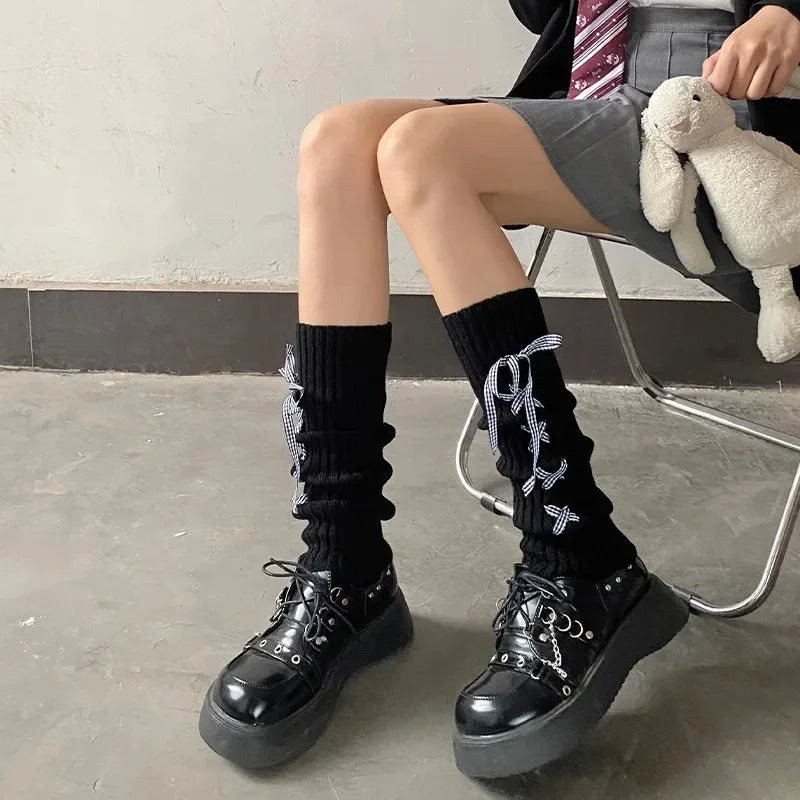 Woman Leg Warmers Autumn And Winter Ribbon Lolita Black Knee Warmers Long Socks JK Knitted Girl White Leg Warmers