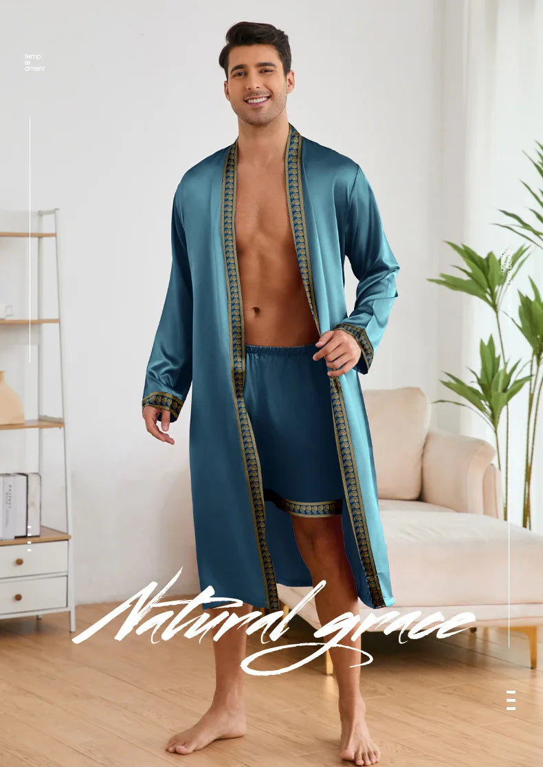 Men Long Robe Pajamas Set Baroque Style Kimono Bathrobe Gown Spring Summer Male Sleepwear Home Clothing Rayon Loungewear Pijamas