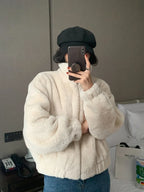 Women Autumn Winter Thicken Warm Coat Stand-Collar Loose Fur Plush Zipper Jacket Soft Comfortable Casual Simple Solid Outerwear