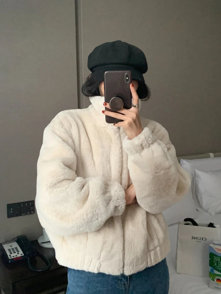 Women Autumn Winter Thicken Warm Coat Stand-Collar Loose Fur Plush Zipper Jacket Soft Comfortable Casual Simple Solid Outerwear