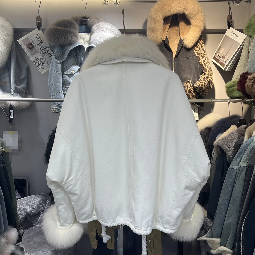 Fox Fur Denim Jacket for Women Fleece-Lined and Thickened Winter 2025 New Korean Style Loose Fit Batwing Sleeve Cotton Coat