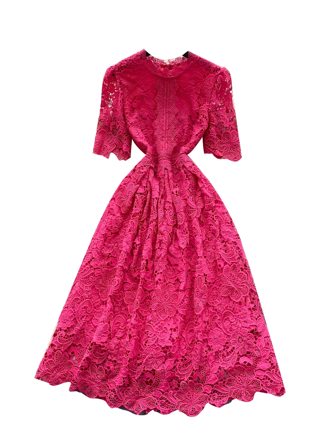 Ele Hollow out Lace ort Sve Dr Women's Summer Slimming A-Line Gown High Waist Korean Sle Commute Suitable