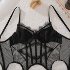 Lingeries Sexy Hot Exquisite Sheer Eyelash Lace Lingerie Sets for Women Tight Waist Corset Tops and Thong Garter Erotic Costumes