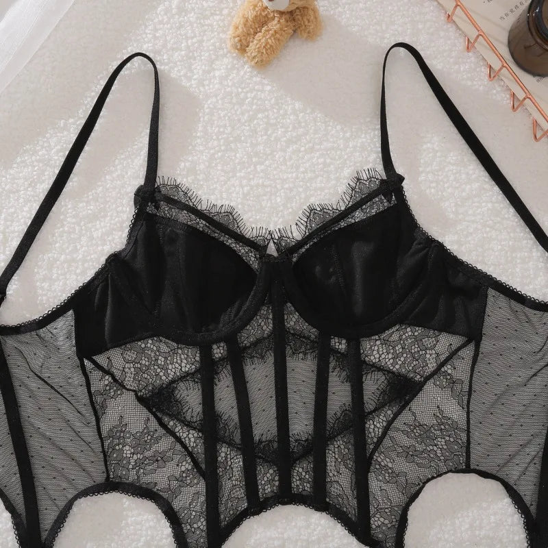 Lingeries Sexy Hot Exquisite Sheer Eyelash Lace Lingerie Sets for Women Tight Waist Corset Tops and Thong Garter Erotic Costumes