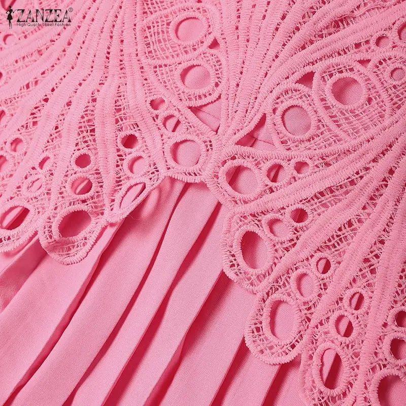 Stylish Women Desses ZANZEA 2025 Summer Lace Patchwork Dress Elegant Party Work Sundress Short Sleeve Pleated Vestidos Midi Robe