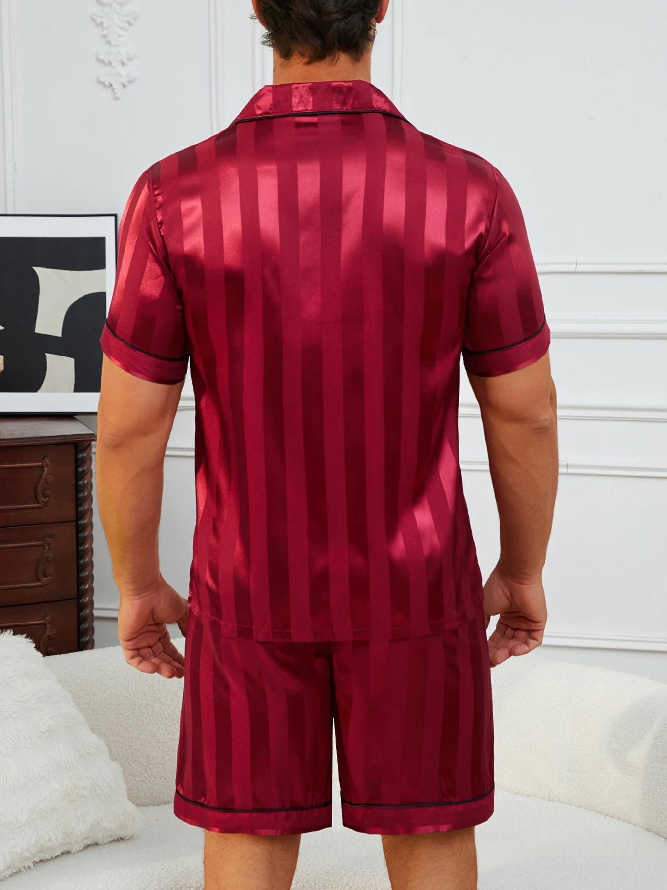 Men's Pajamas Set Summer Sleepwear Sleeve Button-Up Top & Shorts