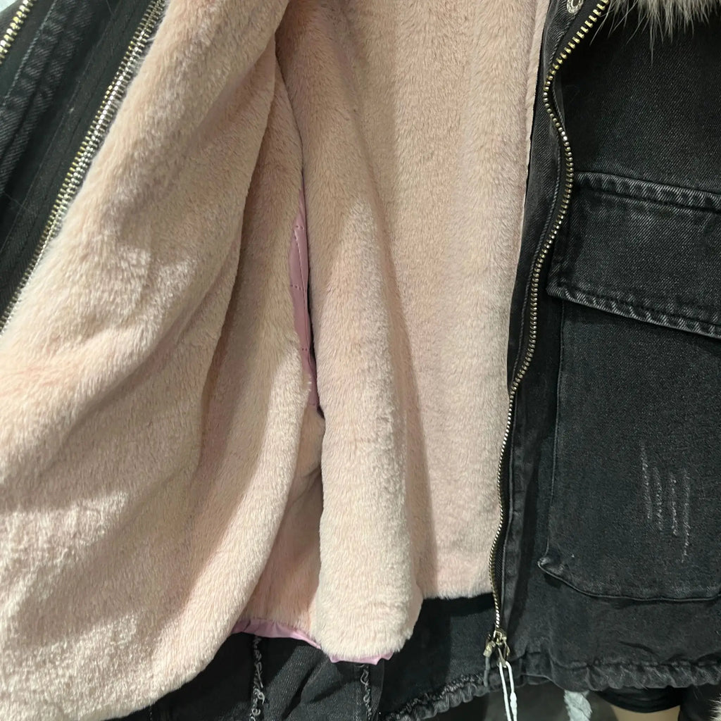 Fox Fur Denim Jacket for Women Fleece-Lined and Thickened Winter 2025 New Korean Style Loose Fit Batwing Sleeve Cotton Coat