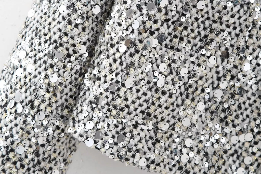 BKQU Tweed Sequined Jackets Women Casual Loose Round Neck Long Sleeved Cropped Silver Cardigan Autumn Female Warm Elegant Coats