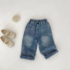 New autumn clothing for babies aged 0-3, with bow printed denim pants for baby girls, fashionable