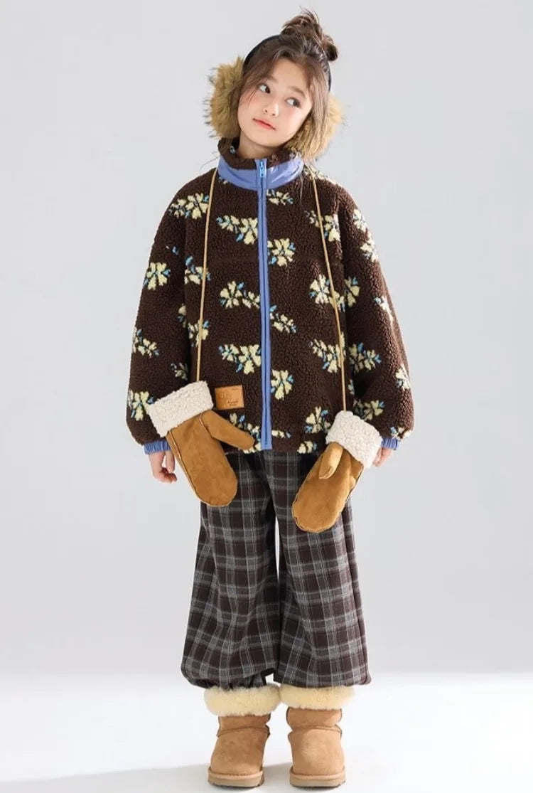 Girl's Winter Coat Floral Jacquard Lamb Fur Thickened Stylish Autumn Winter Toddler Kids Cotton Jacket