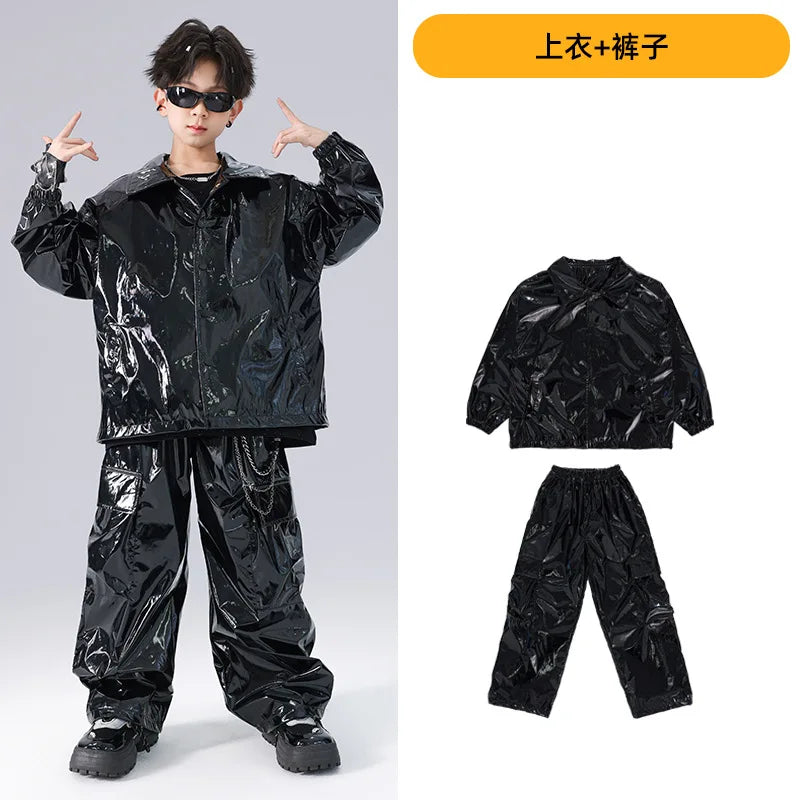 Boys K-pop Fashion Leather Jacket Street Dance Cargo Pants Girl Hip Hop Streetwear Kids Children Jazz Shiny Costume Clothes Sets