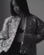BKQU Tweed Sequined Jackets Women Casual Loose Round Neck Long Sleeved Cropped Silver Cardigan Autumn Female Warm Elegant Coats