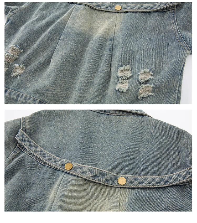 Cowgirl Streetwear Blue Denim Jacket Girl Harajuku Washed Distressed Jacket For Kids Child Gothic Punk Ripped Jeans Coat 5-14 T