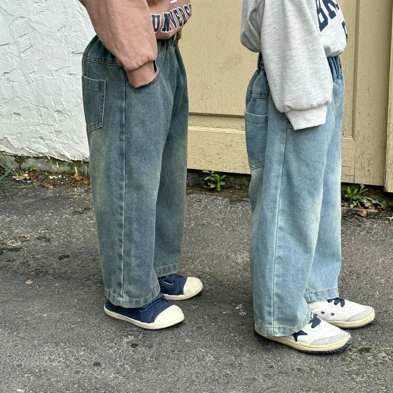 Children Wide Leg Jeans Spring Autumn Boy and Girl Elastic Waist Straight Leg Denim Pants Kids Casual Versatile Trousers A40056