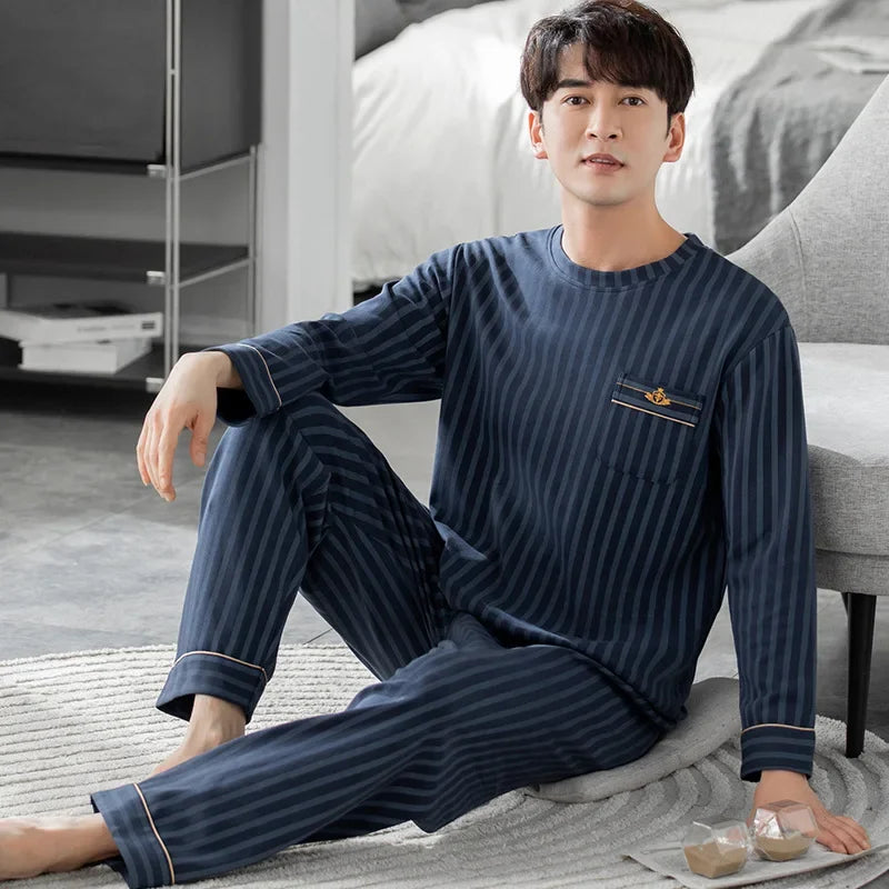 Fashion Lounge Pajamas Sets Men's Spring New Long-sleeved Tops with Trousers Cotton Homewear Comfort Simple Sleepwear Two Pieces