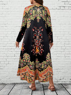 Plus Size Women's Boho Floral Maxi Dress, Long - Sleeve V - Neck, Ethnic Print, Casual & Festival Wear