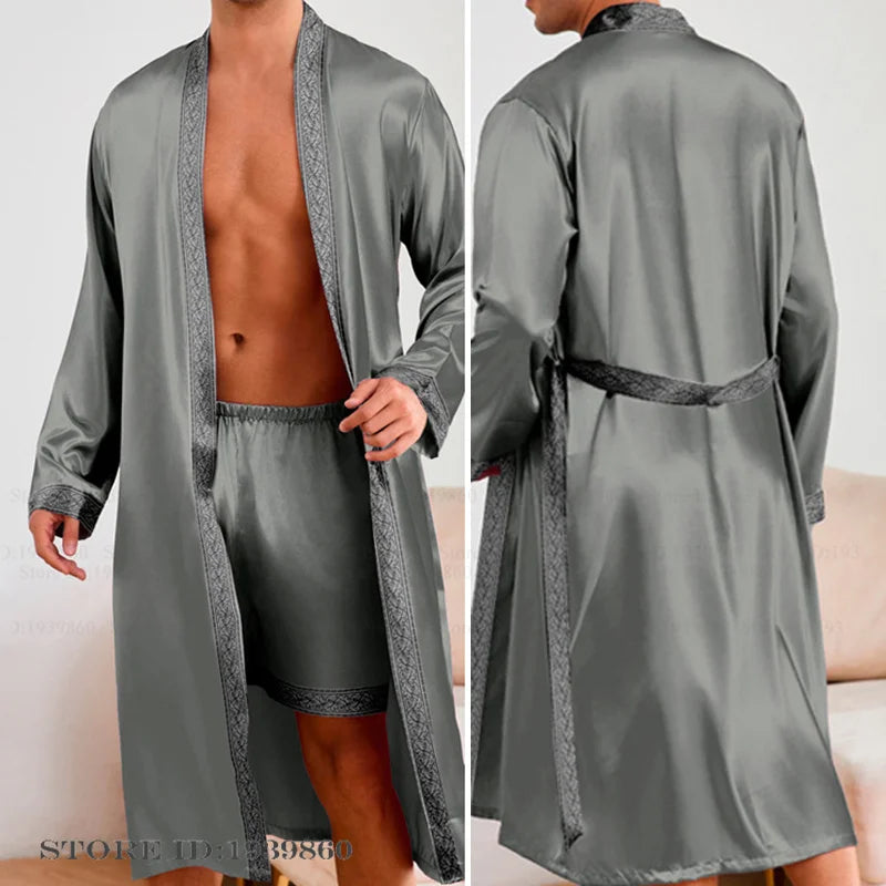 Men Long Robe Pajamas Set Baroque Style Kimono Bathrobe Gown Spring Summer Male Sleepwear Home Clothing Rayon Loungewear Pijamas