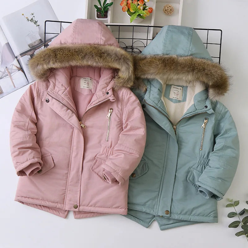 2025 Autumn Winter Girl Jacket Coat Faux Fur Hooded Plus Velvet Thicken Warm Jacket For Girl 4-14 Year Kids Teenager Girl Parka