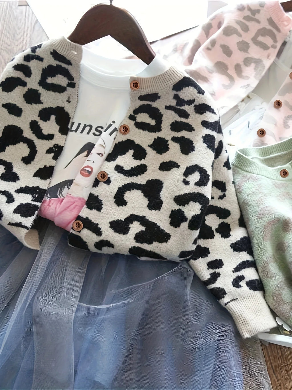 Girls' Cardigan Jacket Knitted Sweater Stylish Leopard Print Little Girl Jacket Baby Jacket Spring and Autumn New Trendy Style