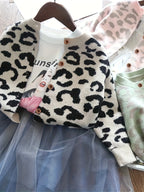 Girls' Cardigan Jacket Knitted Sweater Stylish Leopard Print Little Girl Jacket Baby Jacket Spring and Autumn New Trendy Style