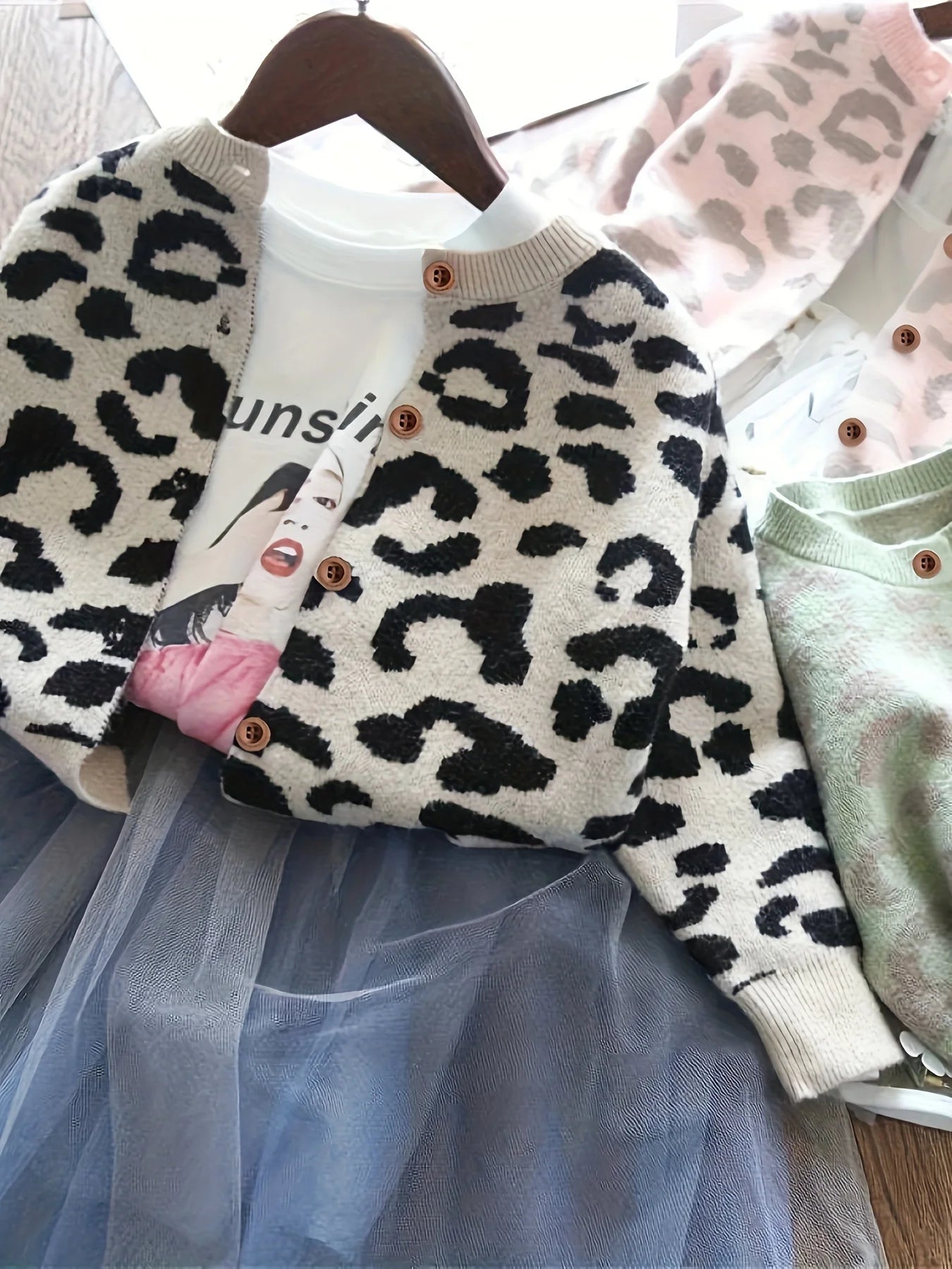 Girls' Cardigan Jacket Knitted Sweater Stylish Leopard Print Little Girl Jacket Baby Jacket Spring and Autumn New Trendy Style