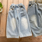Children Wide Leg Jeans Spring Autumn Boy and Girl Elastic Waist Straight Leg Denim Pants Kids Casual Versatile Trousers A40056