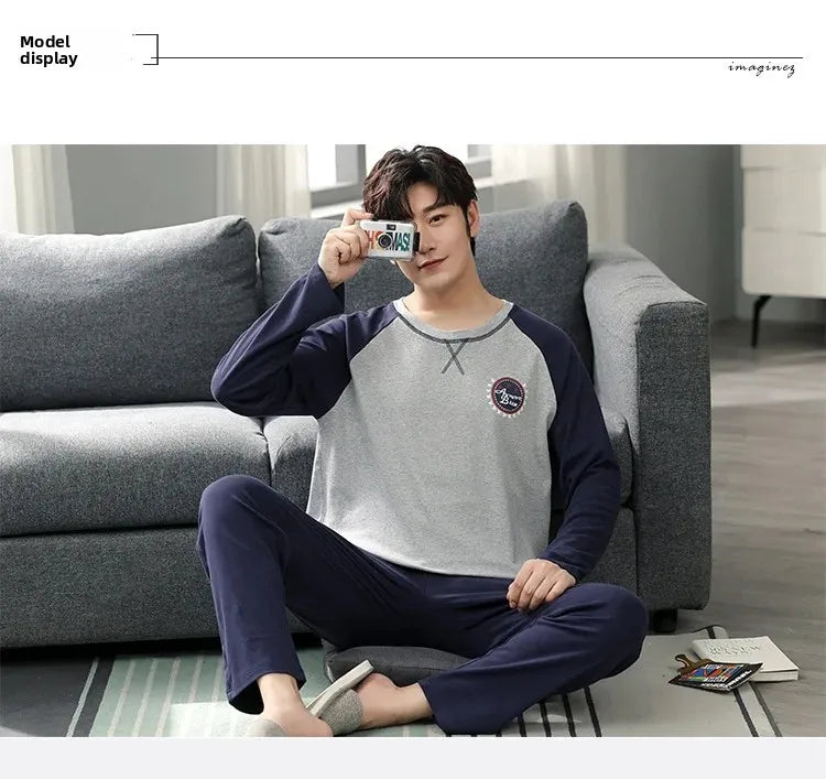 Fashion Lounge Pajamas Sets Men's Spring New Long-sleeved Tops with Trousers Cotton Homewear Comfort Simple Sleepwear Two Pieces