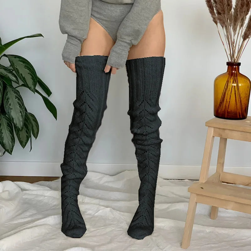 Knitted Leg Warmers Solid Color Hollow Mesh Long Over The Knee Stacked Socks Women Wool Winter Warm Socks Home Long Socks