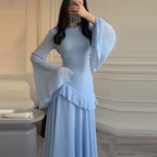 Robes for Woman Elegant O Neck Solid Ruffles Party Pleated Dress Spring Autumn Flare Sleeve Tie-up Slim Female Clothing Vestidos