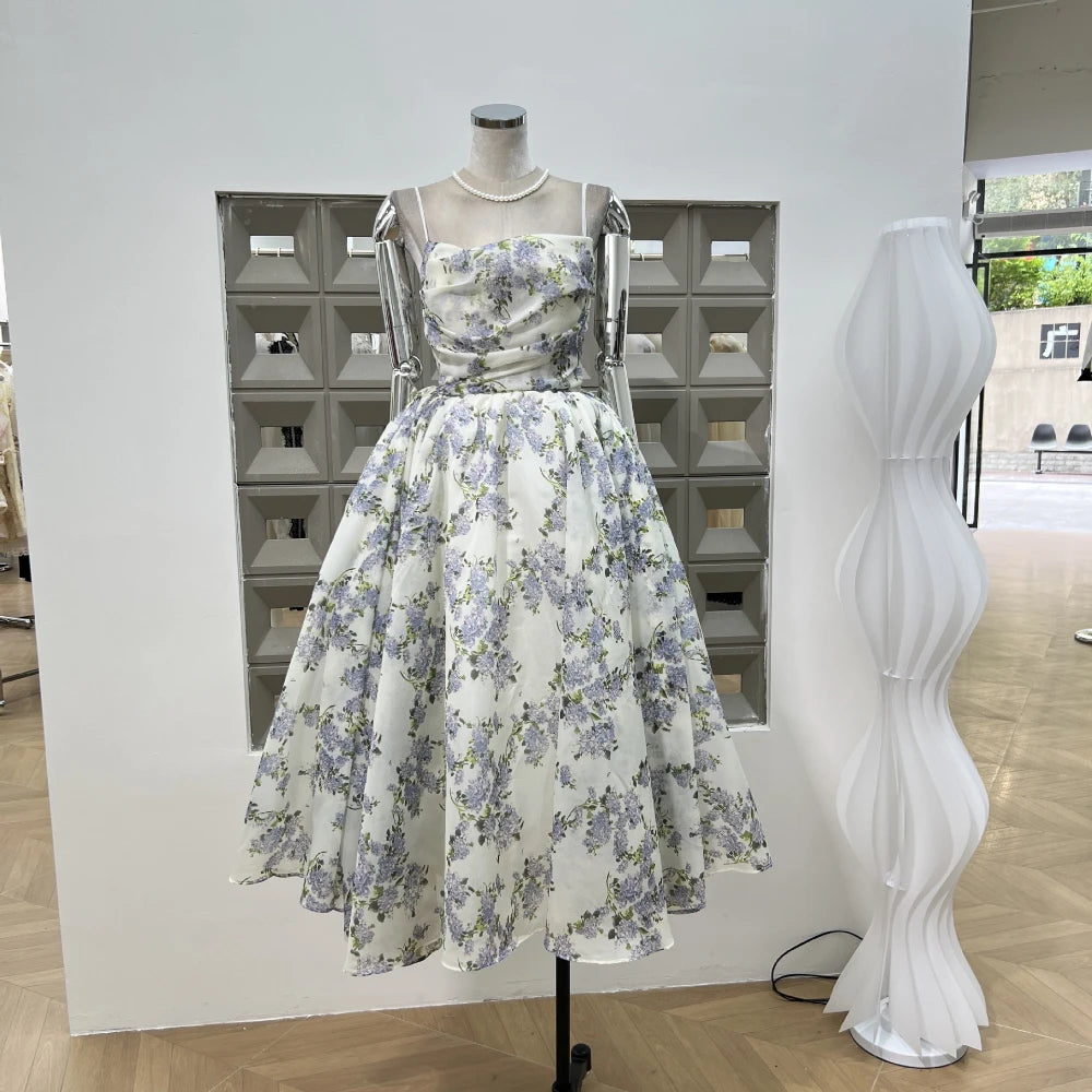 Summer New Women Retro Printed A-line Strap Dress With High Waist Wrinkled Long Dresses Beach Party Birthday Celebrity Gown