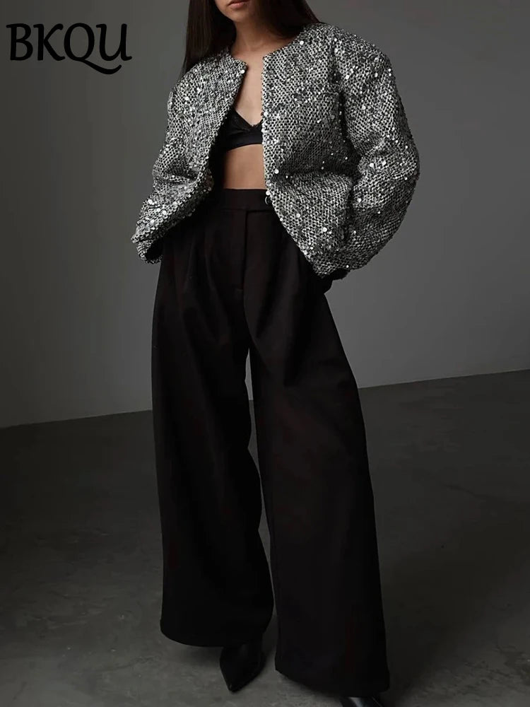 BKQU Tweed Sequined Jackets Women Casual Loose Round Neck Long Sleeved Cropped Silver Cardigan Autumn Female Warm Elegant Coats