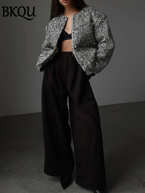 BKQU Tweed Sequined Jackets Women Casual Loose Round Neck Long Sleeved Cropped Silver Cardigan Autumn Female Warm Elegant Coats