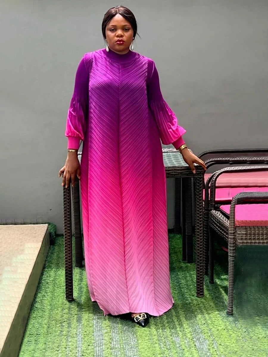 Miyake Pleated Maxi Long Miyake Dress Gradient Color Lantern Sleeves Half Turtleneck Formal Dresses for Women 2024 New Vestidos
