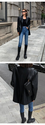 Women Black Brown Soft PU Leather Blazer Shoulder Pads Long Sleeve Single Breasted Loose Casual Jacket Tops Korean Fashion Coat